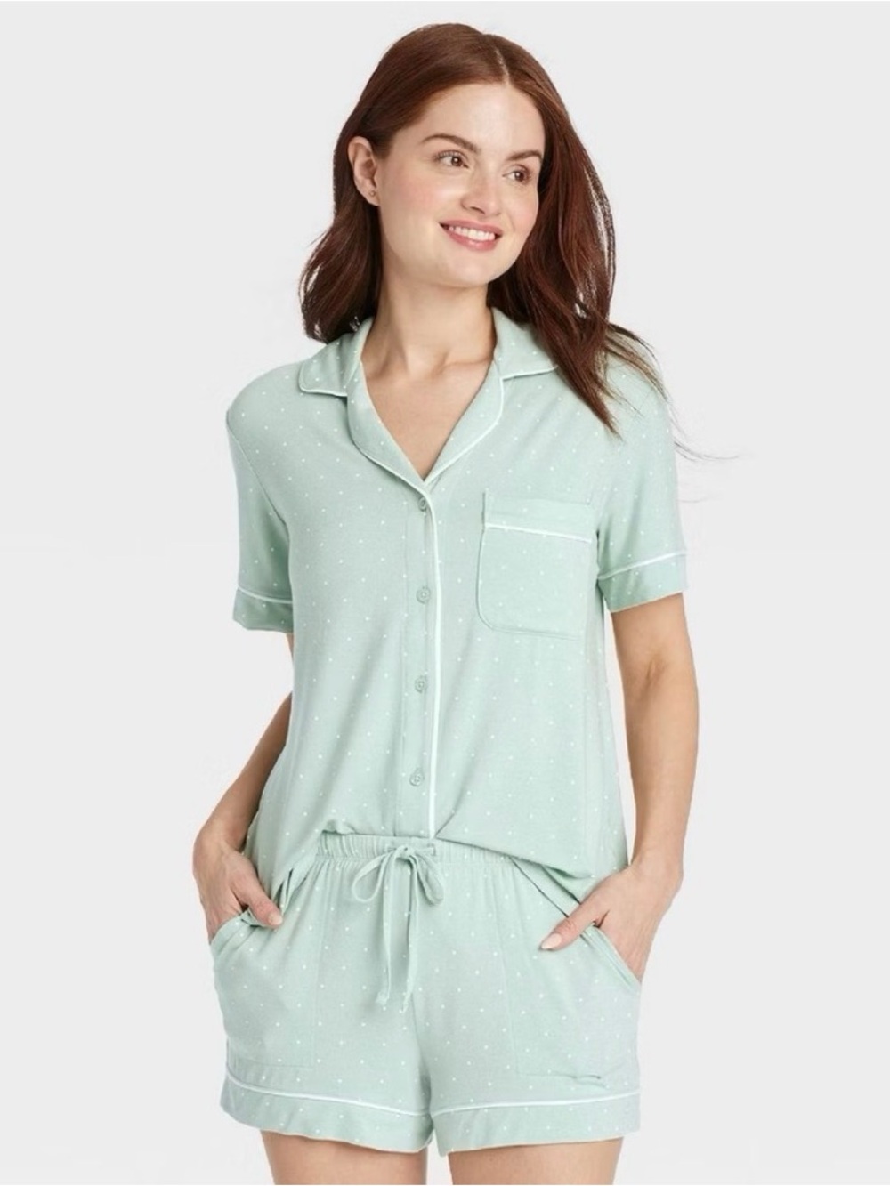 Auden Women's Cloud Knit Short Sleeve Top and Shorts Pajama Set Green Polk Dots